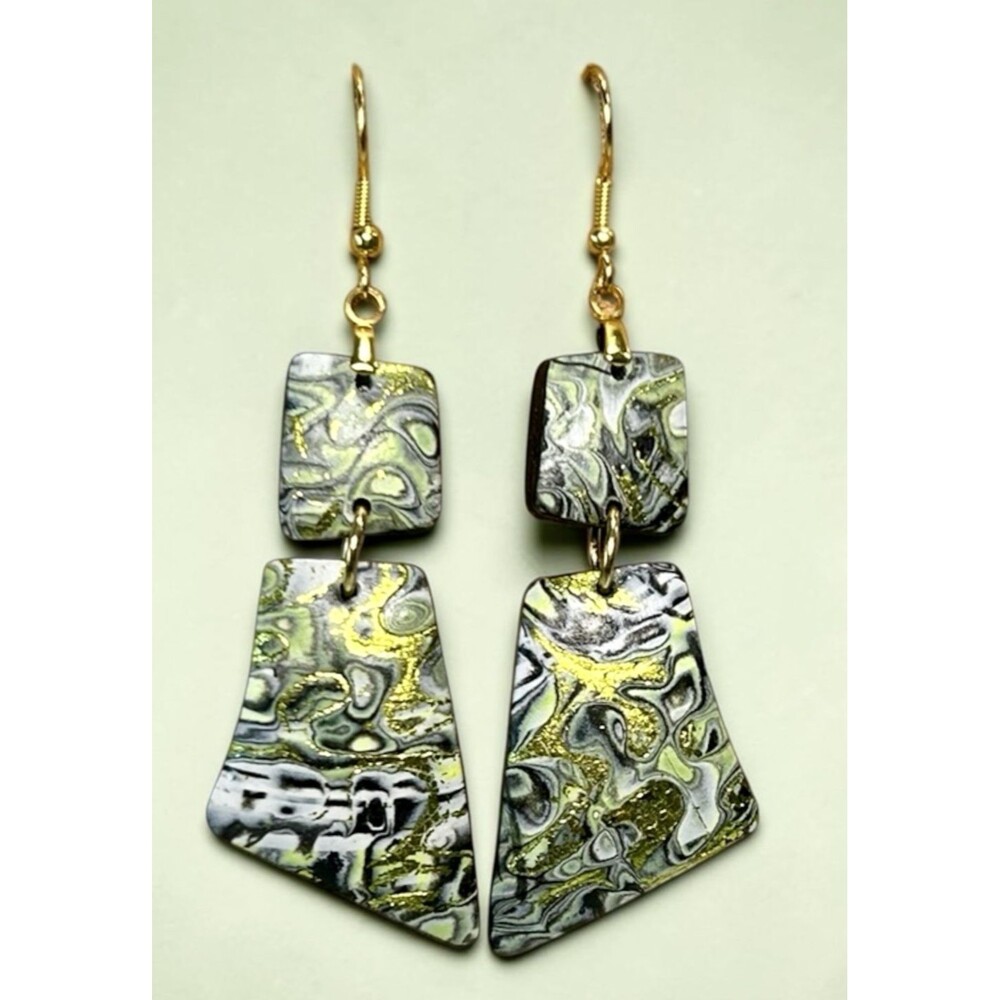 Green Black Gold Marbled Print Chunky Handmade Polymer Clay Dangle Earrings